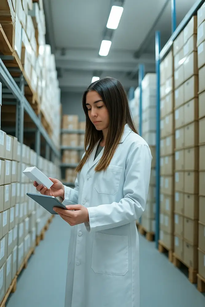 Profissional da saúde conferindo medicamento em estoque com tablet