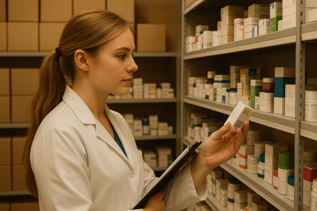 Profissional da saúde analisando medicamentos em estoque com prancheta