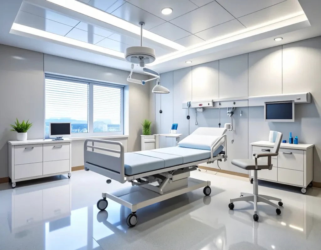 Sala de atendimento em clínica médica moderna com equipamentos hospitalares essenciais