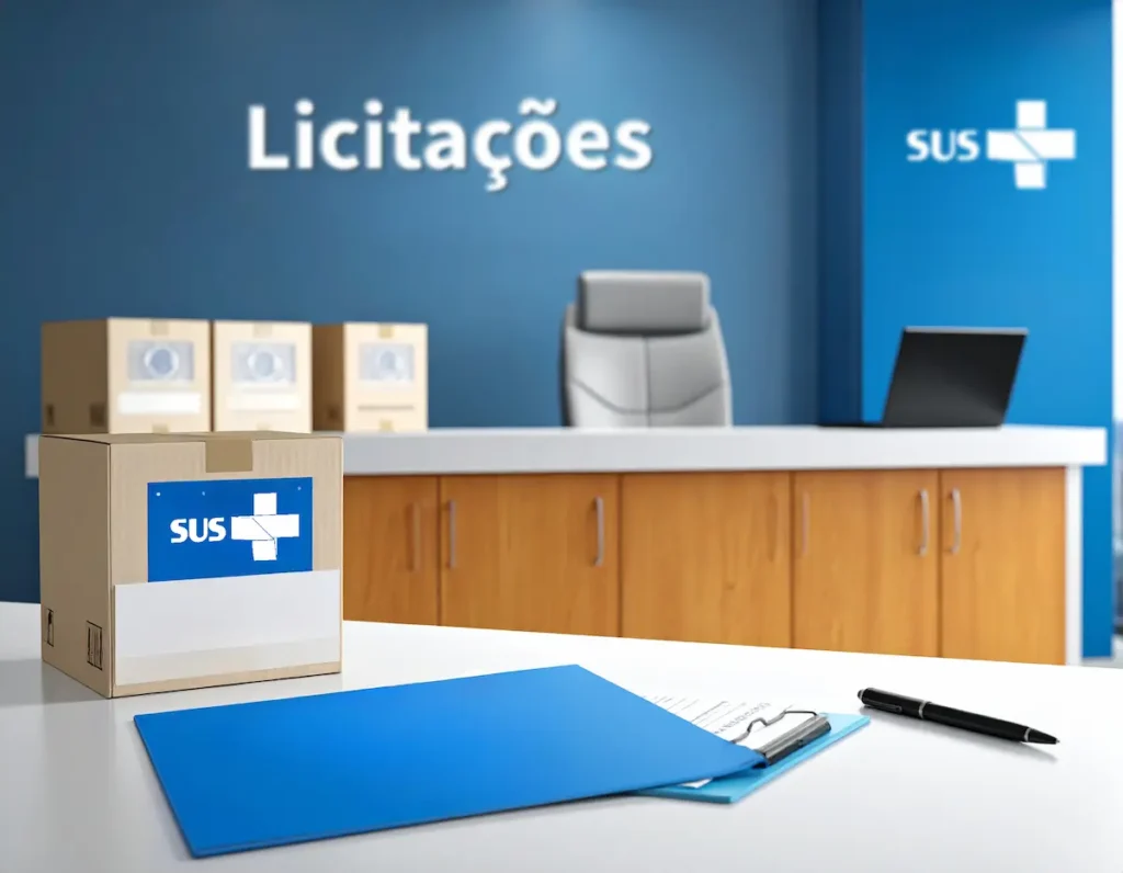 Escritório de licitações com caixa do SUS e documentos de compras públicas de saúde